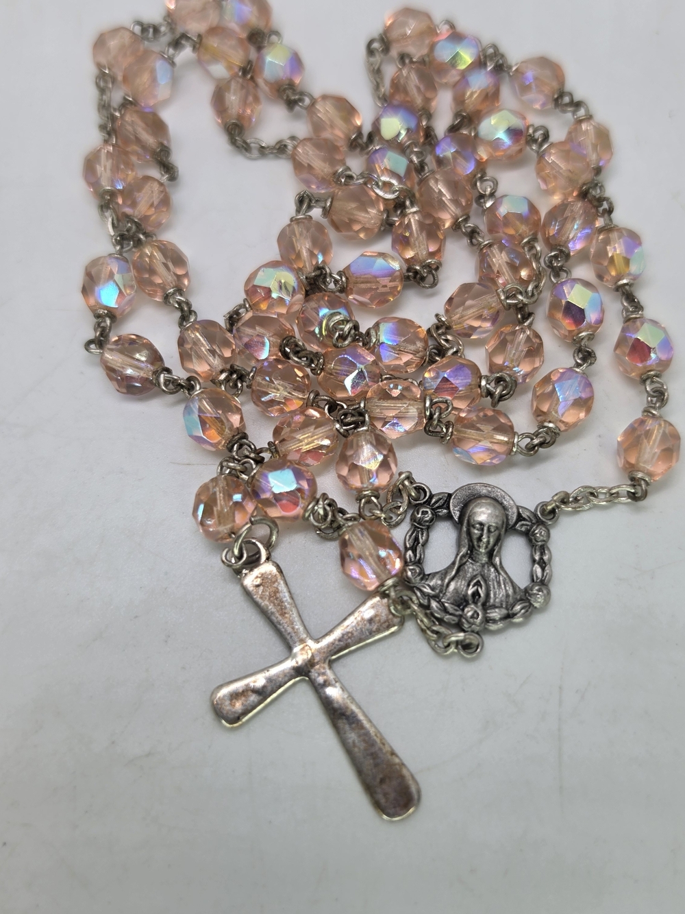Vtg Catholic Rosary Pink 7mm AB Crystal Prayer Beads Italy Crucifix Silver Tone